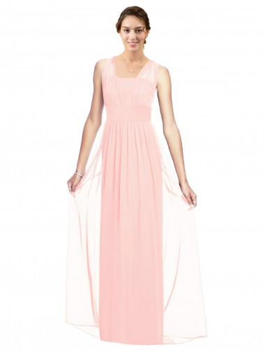 Rose Trapèze Col V Mousseline Longue Robes demoiselle d'honneur en Ligne
