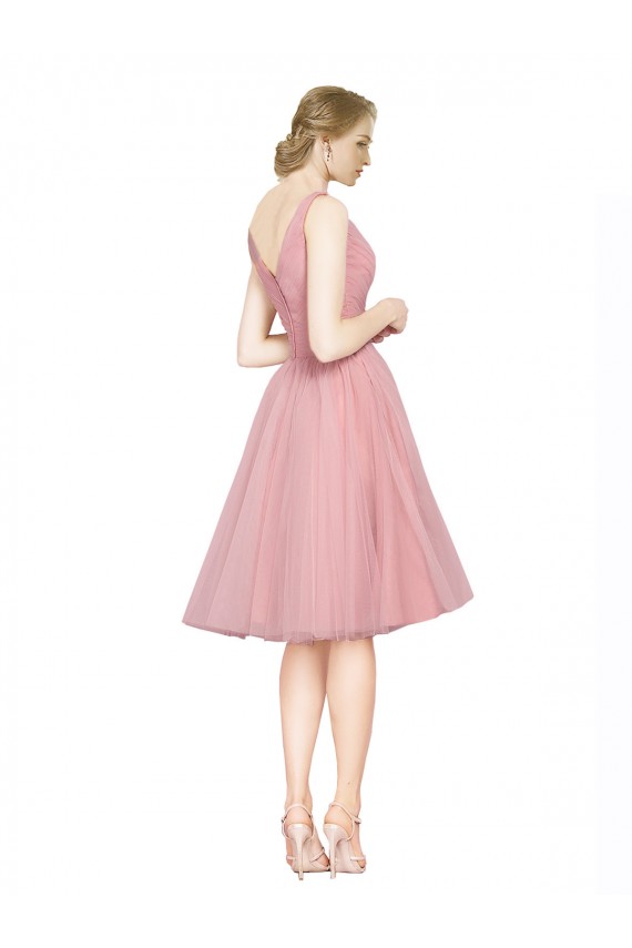 Rose Trapèze Col V Tulle Courte Robes demoiselle d'honneur / Robes de cocktail en Ligne
