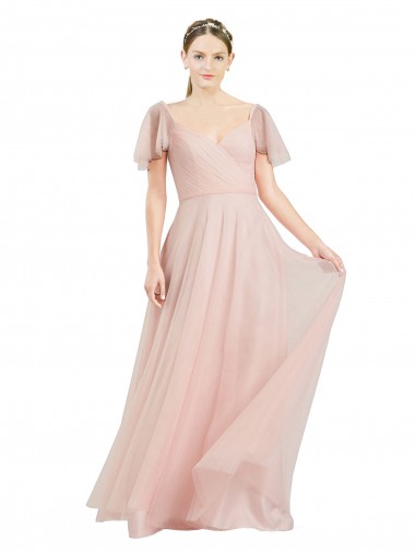 Rose Trapèze Col V Tulle Longue Robes demoiselle d'honneur en Ligne