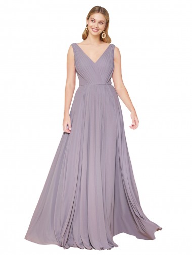 Rose poudré Trapèze Col V Mousseline Longue Formelles Robes demoiselle d'honneur / Robes de soirée / Robes de bal en Ligne