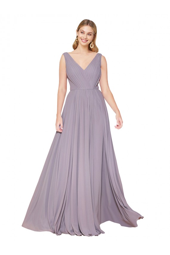Rose poudré Trapèze Col V Mousseline Longue Formelles Robes demoiselle d'honneur / Robes de soirée / Robes de bal en Ligne