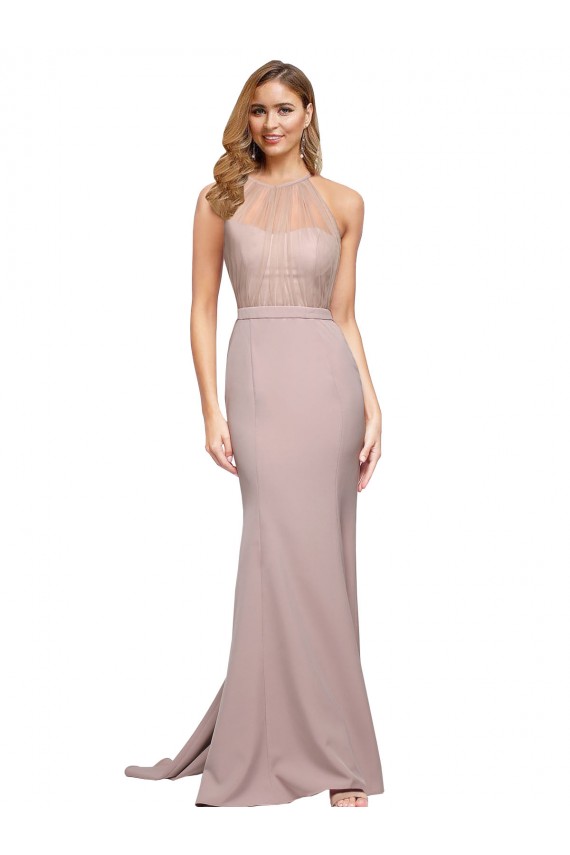 Rose poussiéreux Fourreau Col Haut Balayage train Crêpe Stretch Longue Formelles Robes demoiselle d'honneur / Robes de soirée / Robes de bal en Ligne