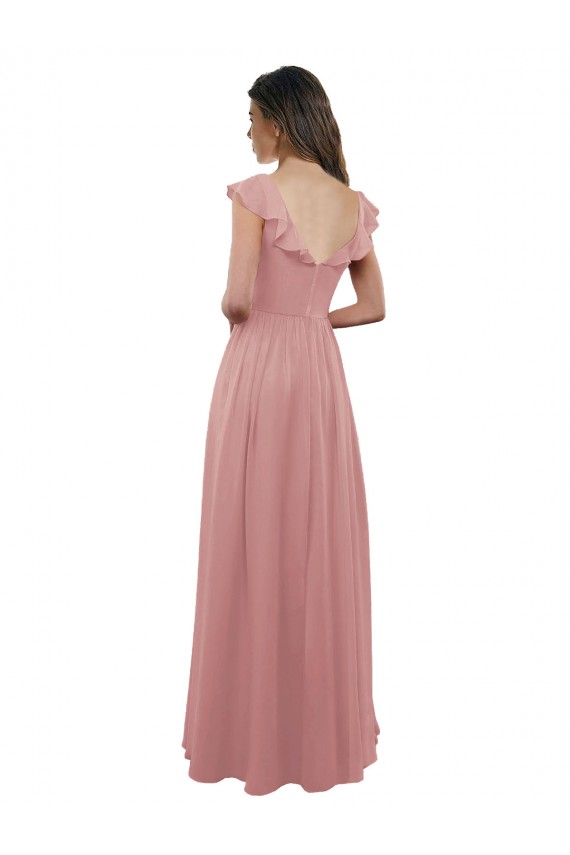 Rose poussiéreux Trapèze Col V Mousseline Longue Robes demoiselle d'honneur en Ligne