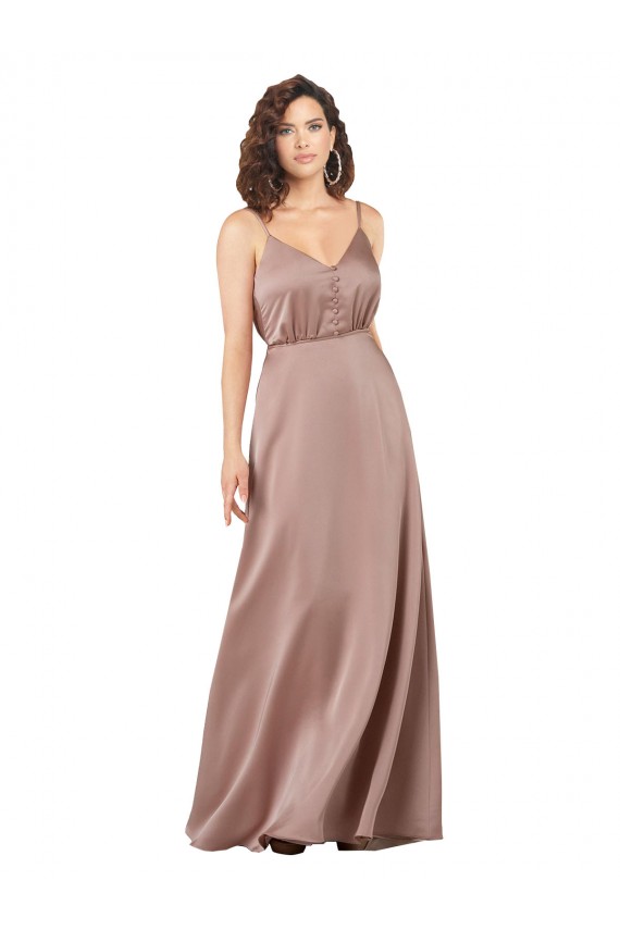 Rose poussiéreux Trapèze Col V Satiné Soyeux Longue Formelles Robes demoiselle d'honneur / Robes de soirée en Ligne