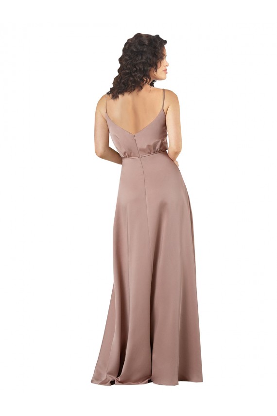 Rose poussiéreux Trapèze Col V Satiné Soyeux Longue Formelles Robes demoiselle d'honneur / Robes de soirée en Ligne