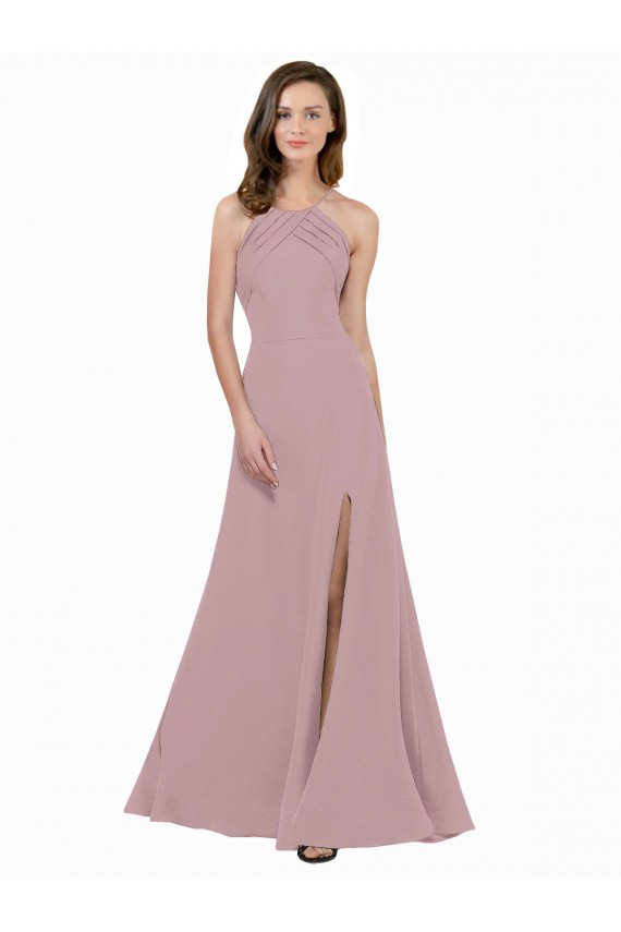Rose poussiéreux Trapèze Col bijou Col Haut Crêpe Stretch Longue Robes demoiselle d'honneur / Robes de bal en Ligne
