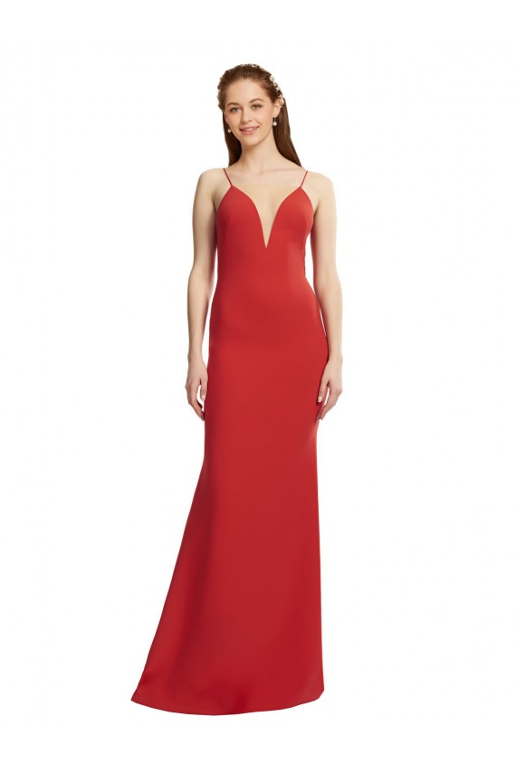 Rouge Sirène Bretelles spaghetti Col V Crêpe Stretch Longue Formelles Robes demoiselle d'honneur / Robes de soirée / Robes de bal en Ligne