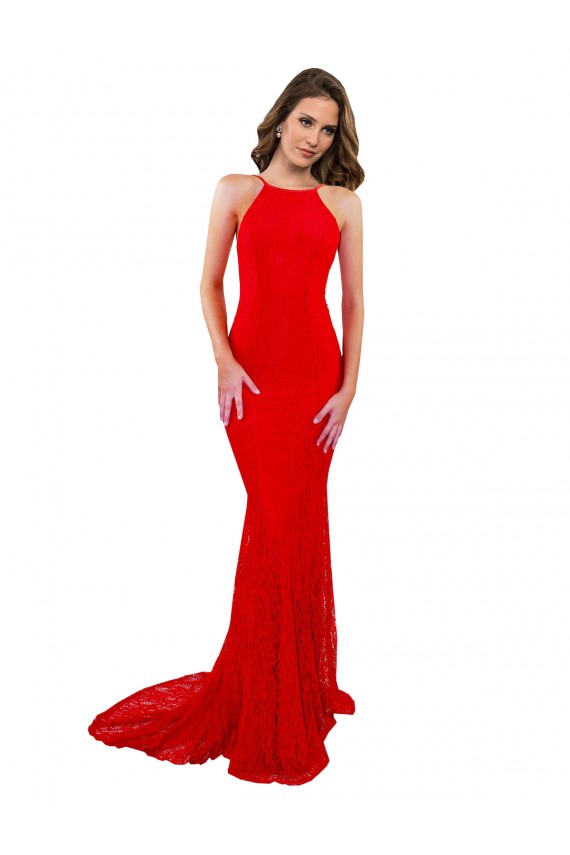 Rouge Sirène Col Haut Dentelle Longue Formelles Robes demoiselle d'honneur / Robes de soirée / Robes de bal en Ligne
