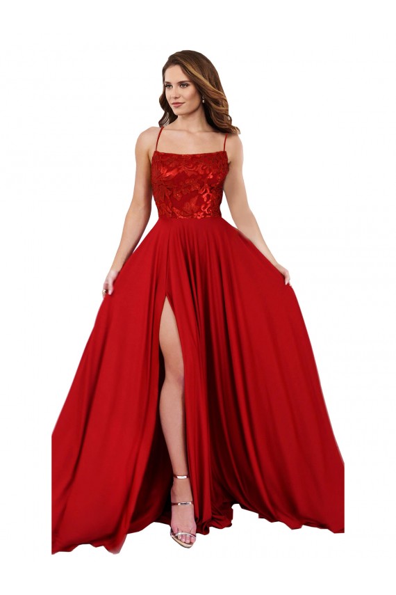 Rouge Trapèze Bretelles spaghetti Col Carré Spandex Dentelle Longue Robes demoiselle d'honneur / Robes de bal en Ligne