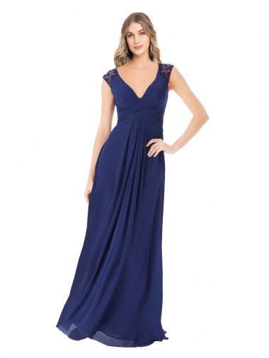 Saphir Trapèze Col V Mousseline Longue Robes demoiselle d'honneur en Ligne