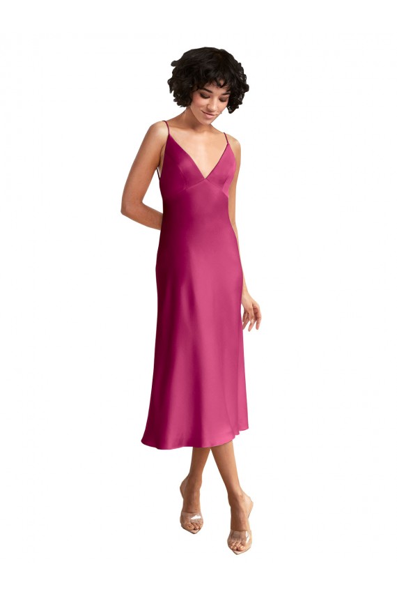 Trapèze Col V midi Satiné Stretch Courte Robes demoiselle d'honneur / Robes de soirée / Robes de cocktail en Ligne