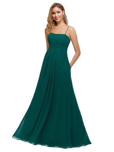 Vert Chasseur Trapèze Bretelles spaghetti Col Carré Mousseline Longue Robes demoiselle d'honneur en Ligne