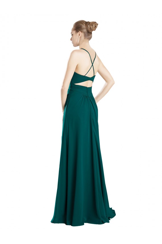 Vert Chasseur Trapèze Col V Mousseline Longue Robes demoiselle d'honneur en Ligne