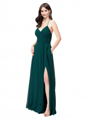 Vert Chasseur Trapèze Col V Mousseline Longue Robes demoiselle d'honneur en Ligne