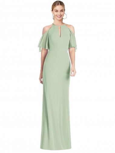 Vert Sauge Sirène Licou Mousseline Longue Robes demoiselle d'honneur en Ligne