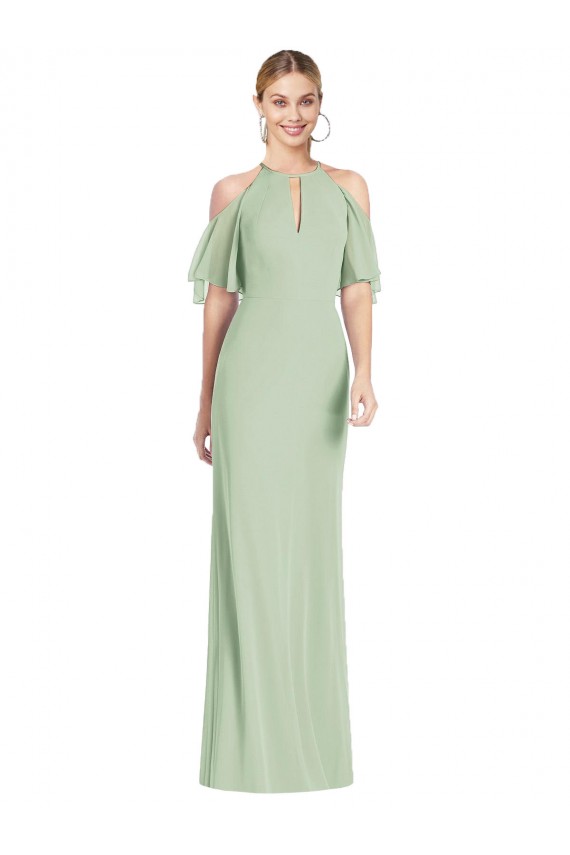 Vert Sauge Sirène Licou Mousseline Longue Robes demoiselle d'honneur en Ligne