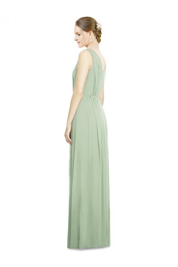 Vert Sauge Trapèze Col V Mousseline Longue Robes demoiselle d'honneur en Ligne