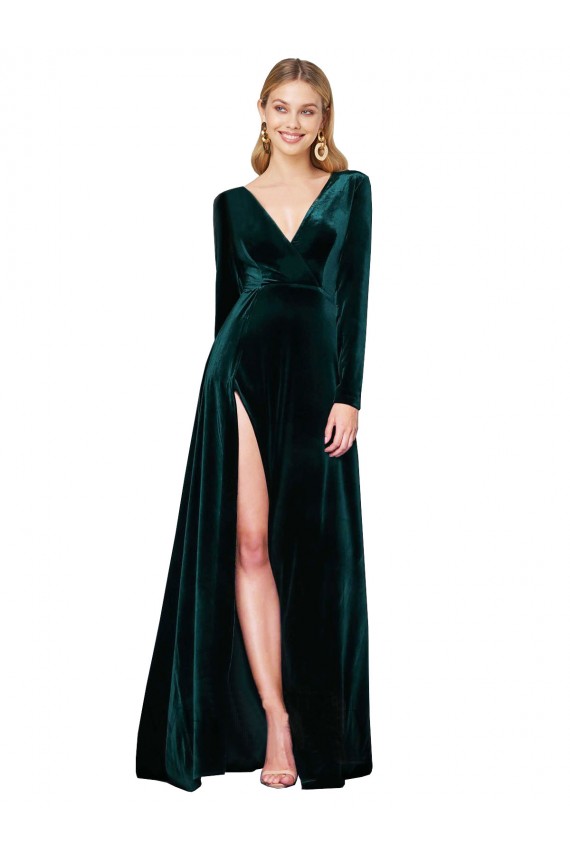 Vert foncé Trapèze Col V Balayage train Velours Stretch Longue Formelles Robes demoiselle d'honneur / Robes de soirée / Robes de bal en Ligne