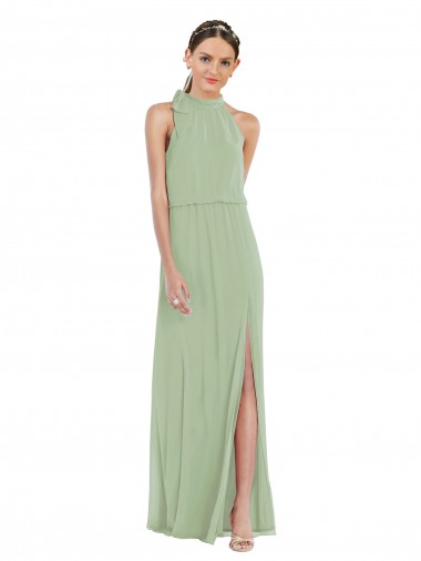 Vert fumée Trapèze Col Haut Mousseline Longue Robes demoiselle d'honneur en Ligne